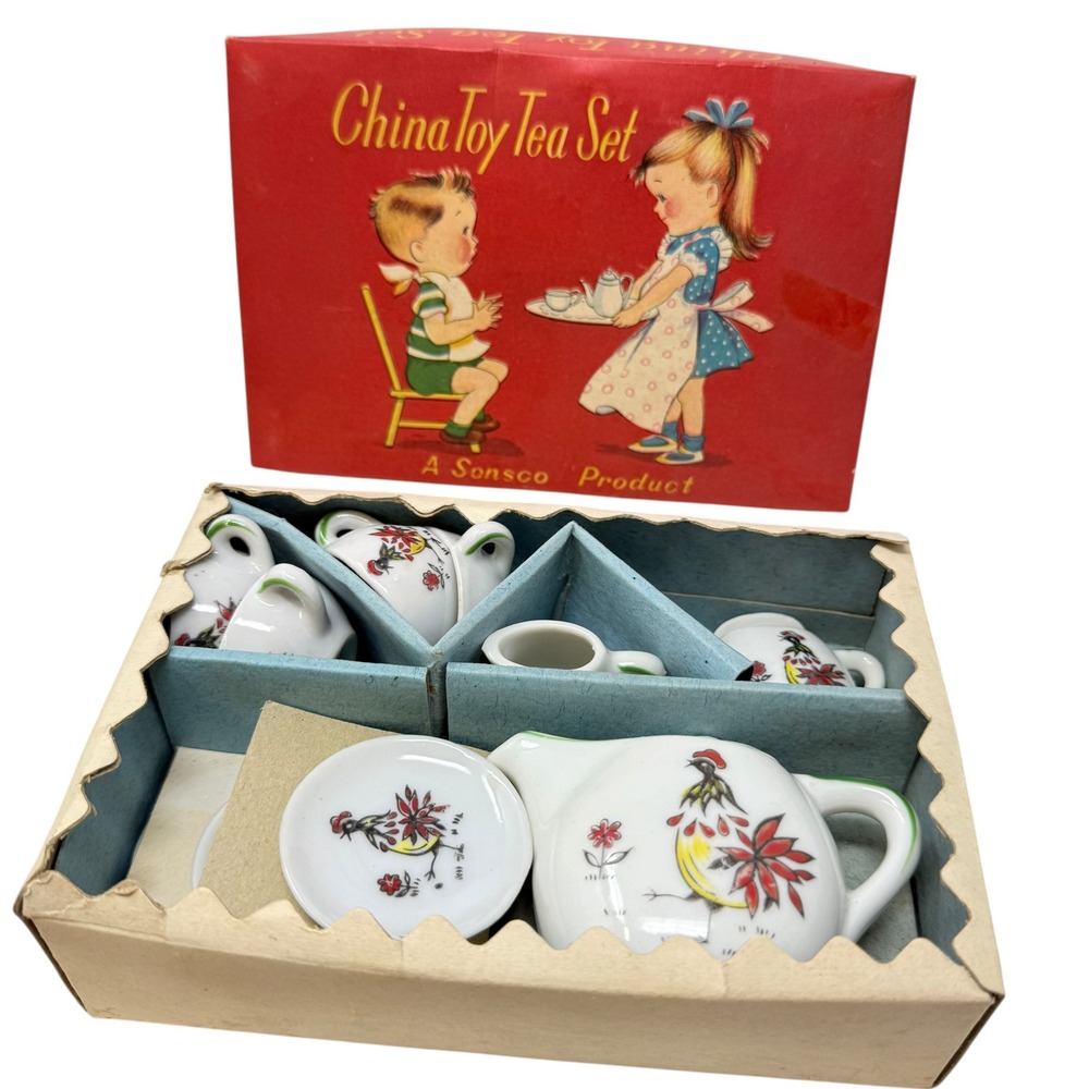 Vintage China Toy Tea Set Kids Mini White Rooster Excellent 13pc Japan Vintage
